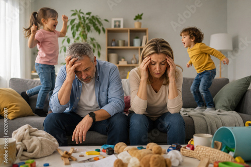 Stressed mature parents overwhelmed by energetic young children at home