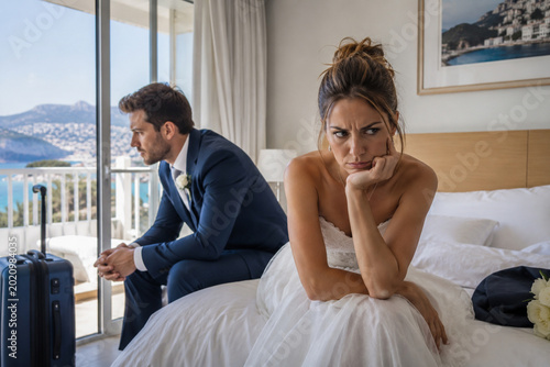 Angry newlywed couple arguing during honeymoon in hotel room