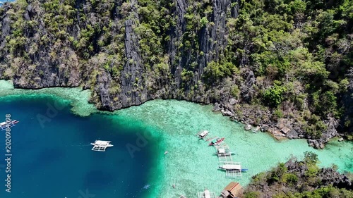 The paradise islands of Coron in the Philippines, a drone flight over the islands and the sea
