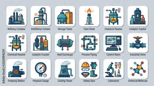 Fotografía Industrial Equipment Icons Set Chemical Plant Machinery.