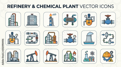 Fotografie Refinery and Chemical Plant Vector Icons Set.