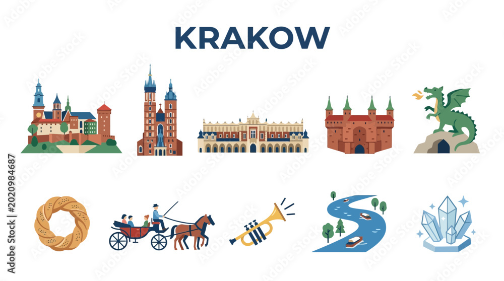 Αυτοκόλλητο Krakow City Landmarks and Symbols Collection Vector Illustration.