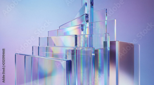 Fényképezés Abstract composition of clear stacked glass layers creating beautiful holographic reflections and refractions of light