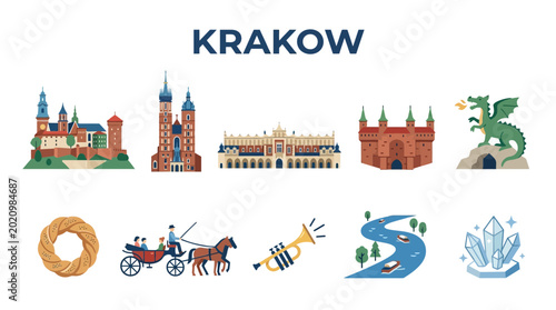 Cuadro en lienzo Krakow City Landmarks and Symbols Collection Vector Illustration.