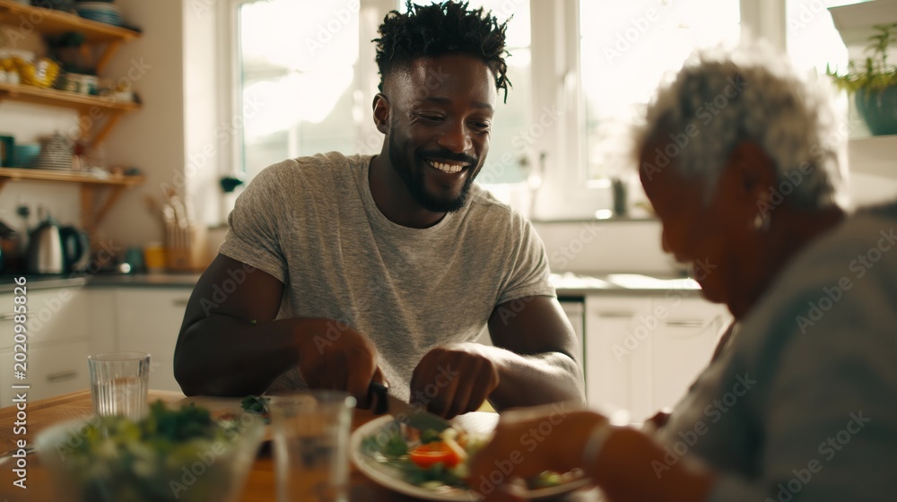 Fototapeta premium Man and woman enjoy meal together in bright kitchen