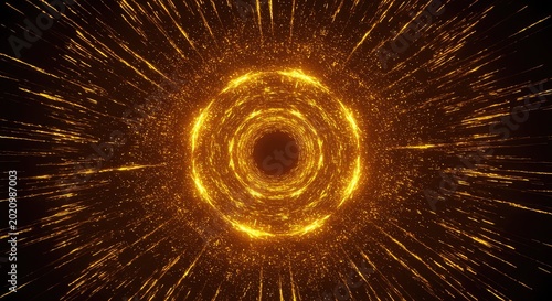 A mesmerizing digital tunnel of flowing golden light. Abstract energy streams create a deep, endless vortex of glowing particles, particles, yellow, light