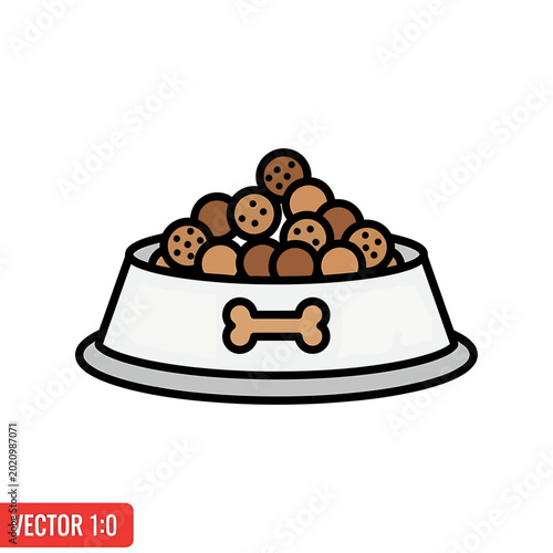 Vector illustration of a dog food bowl filled with kibble and a bone icon.