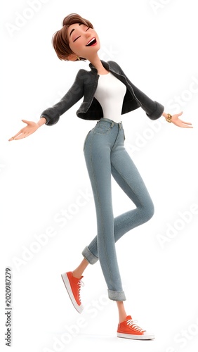 A cheerful 3D animated woman with a joyful expression, arms outstretched, dressed in denim jeans
