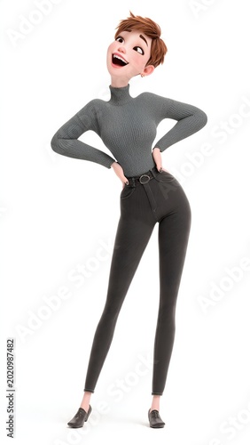 A vibrant 3D animated woman with short brown hair and a grey turtleneck sweater strikes a confident