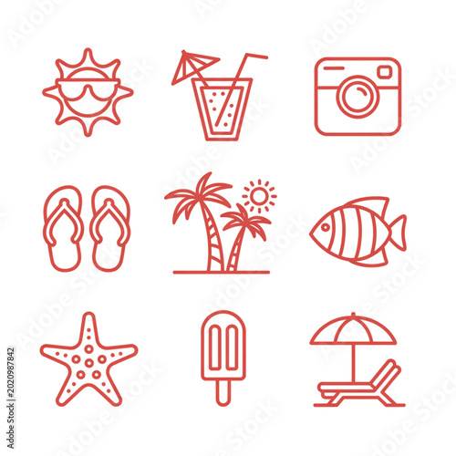 Fotografi Summer beach icon set with sun, tropical cocktail, palm trees, flip flops, starf