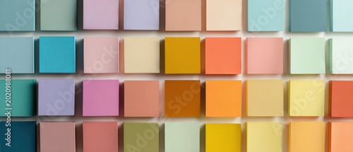 A grid of colorful squares in pastel and vibrant shades, arranged neatly.
