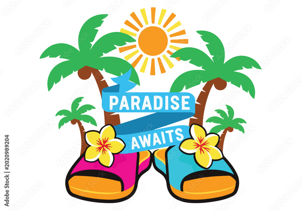 Obraz premium Vibrant tropical getaway illustration with colorful flip flops and palm trees