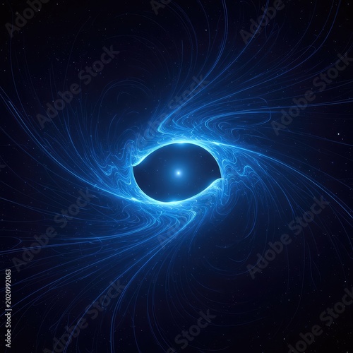 A conceptual abstract representation of gravitational force warping the fabric of space-time, featuring deep blue cosmic colors and curved lines, energy flow, gravity, dynamic
