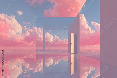 Surreal Dreamscape with Open Doors in Pink Clouds and Water Reflection.