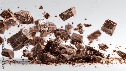 Explosion of Dark Chocolate Chunks in Mid-Air.