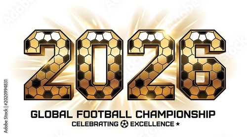 A graphic design celebrating the 2026 Global Football Championship with a soccer ball pattern