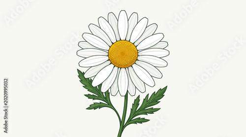 Detailed white daisy flower vector illustration with green leaves