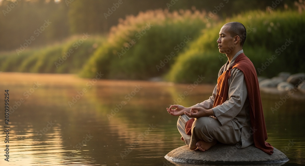 Fototapeta premium Buddhist man meditating on river rock, practicing spiritual contemplation. Calm Buddhist man meditating, eyes closed in serene nature. Peaceful Buddhist man meditating for mindfulness, zen.