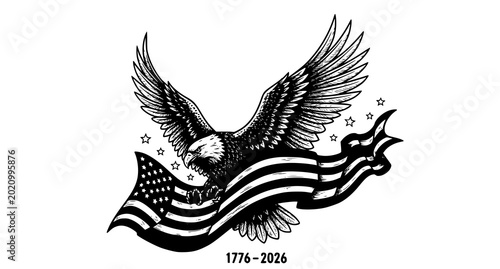 Bald eagle carrying american flag ribbon 1776-2026 with stars and stri