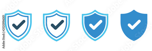 Shield with check mark icon set for security verification, protection approval symbol, safe system confirmation, trust validation, and digital safety assurance interface vector