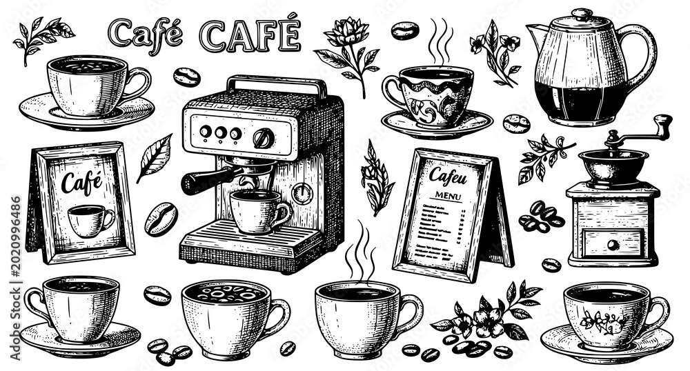 Foto Hand-drawn cafe collection: coffee machine cups grinder menu