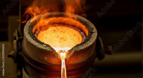 Macro photography glowing copper smelting crucible pouring liquid metal.