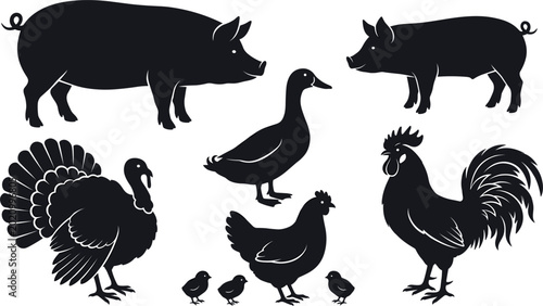 Fotografía Set of Black Farm Animal Silhouettes Including Pig Duck Turkey Rooster Hen and C