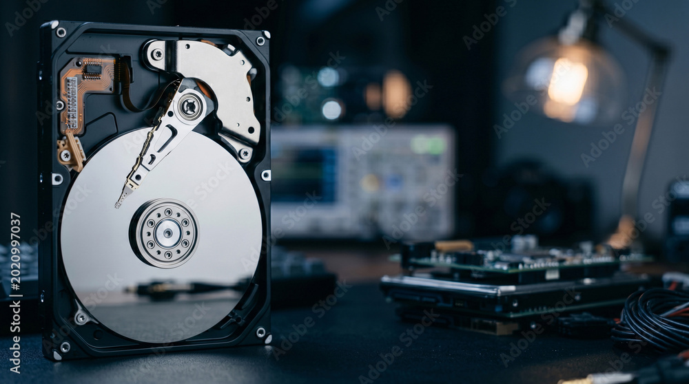 Obraz premium Open hard drive disk platter with read-write arm suspended, electronics environment
