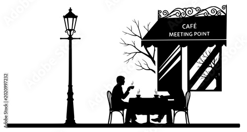 Silhouette of couple having coffee at cafe outdoor seating
