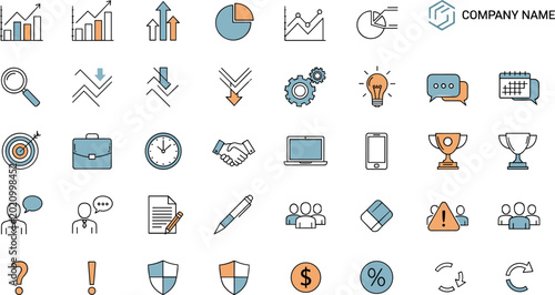 Business management icon set with analytics, strategy, teamwork, finance, communication and productivity symbols for corporate design