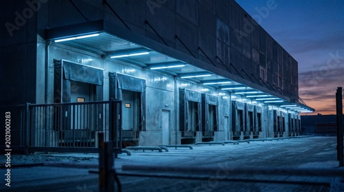 Modern distribution center loading bays under bright blue lights at night