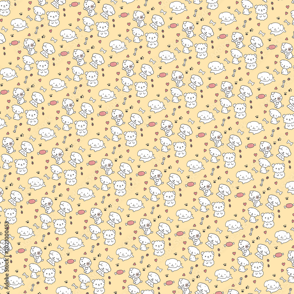 Fototapeta premium Cute hand-drawn white puppy seamless pattern with bones and hearts on yellow background