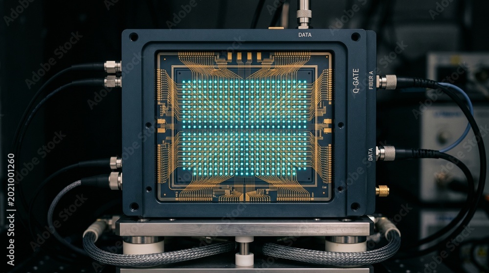 Fototapeta premium Quantum computing processor with glowing data grid and circuitry