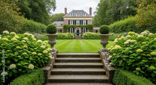 Grand historic mansion with lush green garden and stone staircase leading to entrance