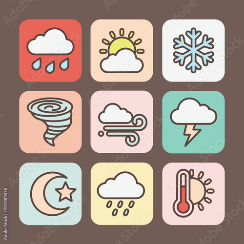 Colorful Weather Forecasting Icons Set with Diverse Meteorological Symbols