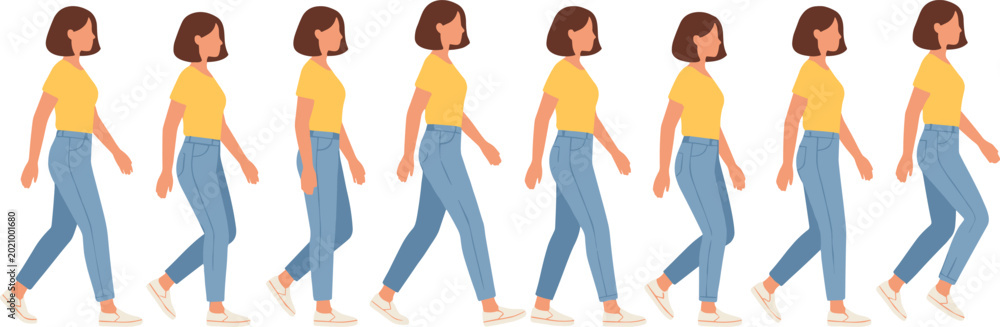 Obraz premium Young Woman Walking Animation Frames with Smooth Character Movement Poses for Game Design, Motion Graphics, and Cartoon Vector Projects