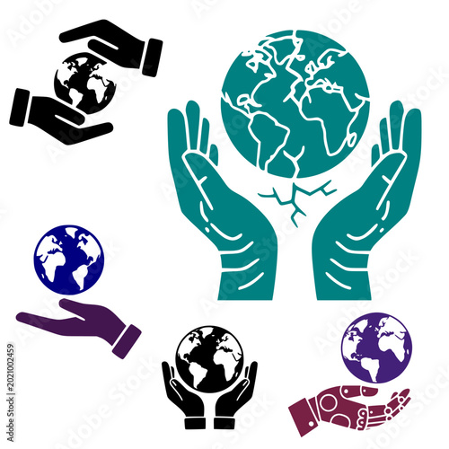 Hands holding Earth globe in various styles and colors  