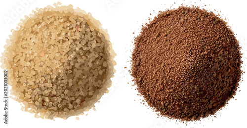 Foto Two Piles of White Granulated Sugar and Brown Ground Coffee Powder Isolated on W