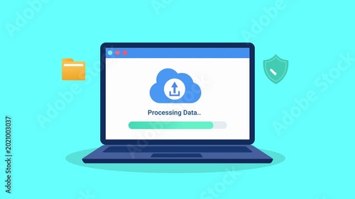 Animated flat illustration of a laptop displaying cloud data processing interface with storage and security elements, representing digital workflow and smart technology systems.