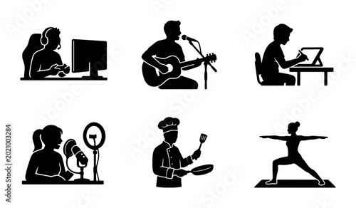 Quadro su tela Diverse Hobbyist Silhouettes: Gamer, Musician, Artist, Podcaster, Chef, Yogi, Ve
