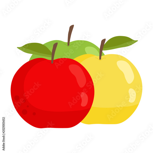 Bild auf Leinwand Set of three ripe apples in red yellow and green colors with small brown stems a