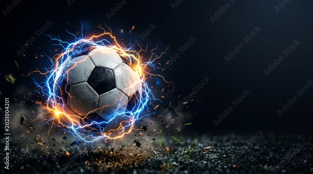 Naklejka premium Soccer ball surrounded by magical electrical energy sparks.