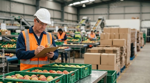Male worker inspecting fresh apples in a fruit packaging warehouse factory