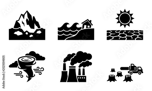 Photos Environmental Disaster Icons: Climate Change, Natural Catastrophes, Pollution, D