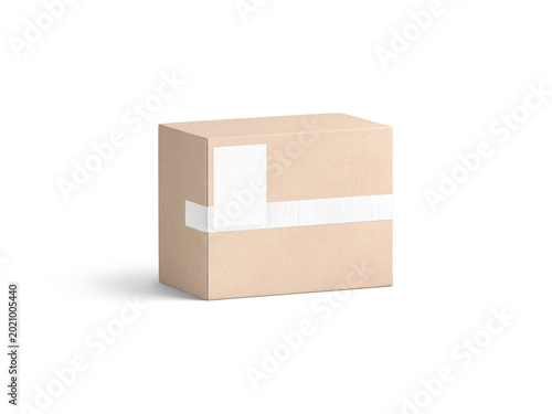 Blank white shipping label on craft box mockup png, transparent background 3d rendering. Empty brown shipped packaging with sticker mock up cut out. Clear cargo shipment package for transfer template.