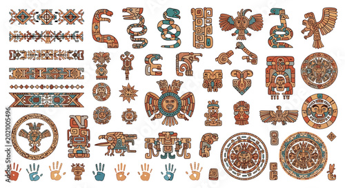 Extensive collection of ancient mayan and aztec style art symbols deities and patterns for historical and indigenous culture projects.