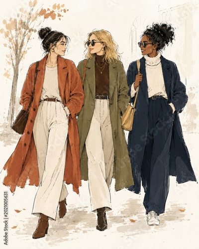 Three stylish women in autumn coats walking together outdoors