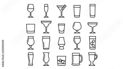 Glasses icon set with various drinking vessels and cocktail glasses featuring icons, mug, cup with vessel and drinkware elements for barware,