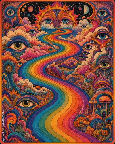 Psychedelic Rainbow Road Journey with Eyes and Sun