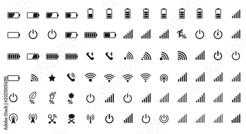 Set of black mobile status bar icons showing battery level signal strength wifi connectivity and power options for smartphone interface.